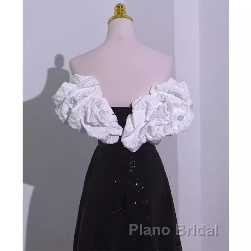 Sexy A Line Off The Shoulder Long Black Sequin Formal Prom Dresses