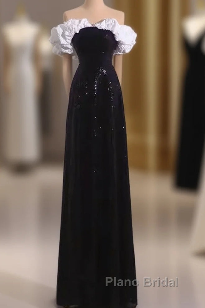 Sexy A Line Off The Shoulder Long Black Sequin Formal Prom Dresses Main image