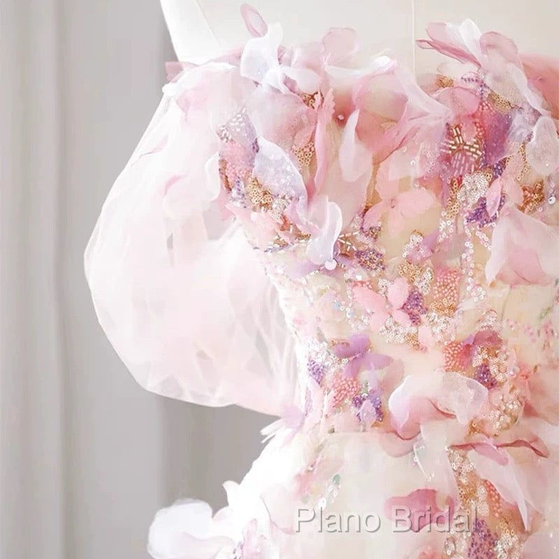 Sexy A Line Off The Shoulder Pink Tulle Floor Length Floral Formal Prom Dresses Secondary image