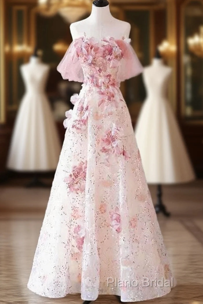 Sexy A Line Off The Shoulder Pink Tulle Floor Length Floral Formal Prom Dresses