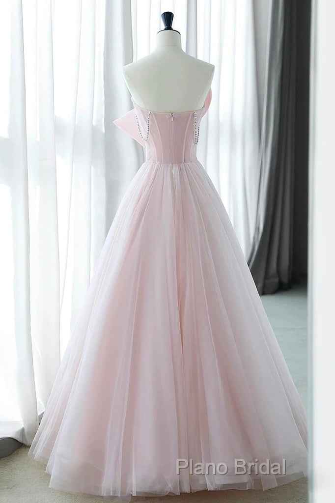 Sexy A-Line Pink Tulle Long Formal Prom Dresses