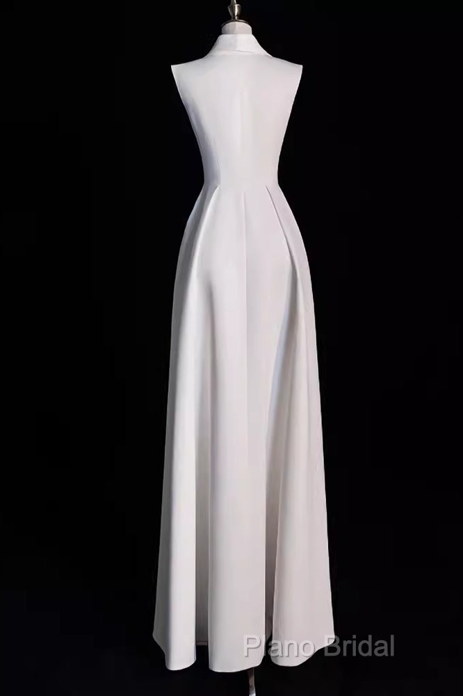 Sexy A Line Satin Party Dresses Long White Formal Prom Dresses