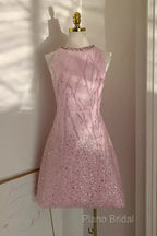 Sexy A Line Scoop Pink Sequin Travel Vacation Dresses Short Birthday Dresses