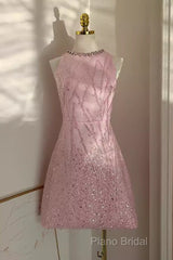 Sexy A Line Scoop Pink Sequin Travel Vacation Dresses Short Birthday Dresses