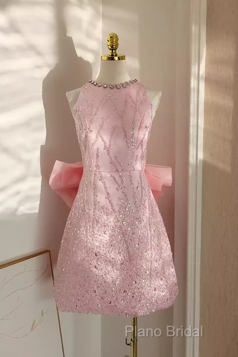 Sexy A Line Scoop Pink Sequin Travel Vacation Dresses Short Birthday Dresses