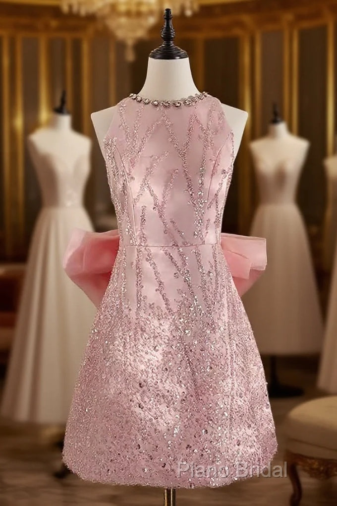 Sexy A Line Scoop Pink Sequin Travel Vacation Dresses Short Birthday Dresses