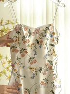 Sexy A Line Spaghetti Straps Ivory Floral Satin Formal Prom Dresses Birthday Outfits Evening Gown