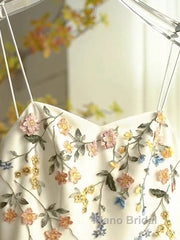 Sexy A Line Spaghetti Straps Ivory Floral Satin Formal Prom Dresses Birthday Outfits Evening Gown