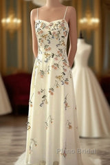 Sexy A Line Spaghetti Straps Ivory Floral Satin Formal Prom Dresses Birthday Outfits Evening Gown