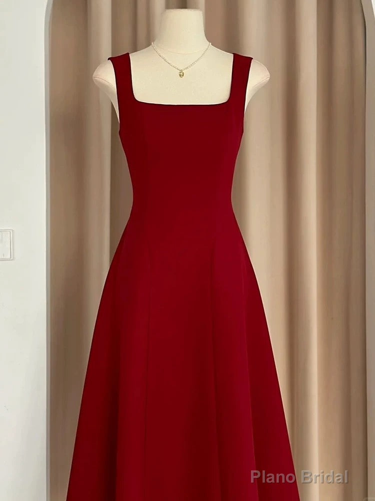 Sexy A Line Square Neckline Red Satin Ankle Length Evening Dress Prom Dresses Secondary image