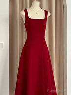 Sexy A Line Square Neckline Red Satin Ankle Length Evening Dress Prom Dresses