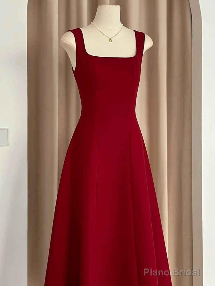 Sexy A Line Square Neckline Red Satin Ankle Length Evening Dress Prom Dresses