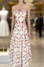 Sexy A Line Square Neckline Sleeveless WomenS Red Floral Holiday Dresses Vacation Dresses Birthday Dresses