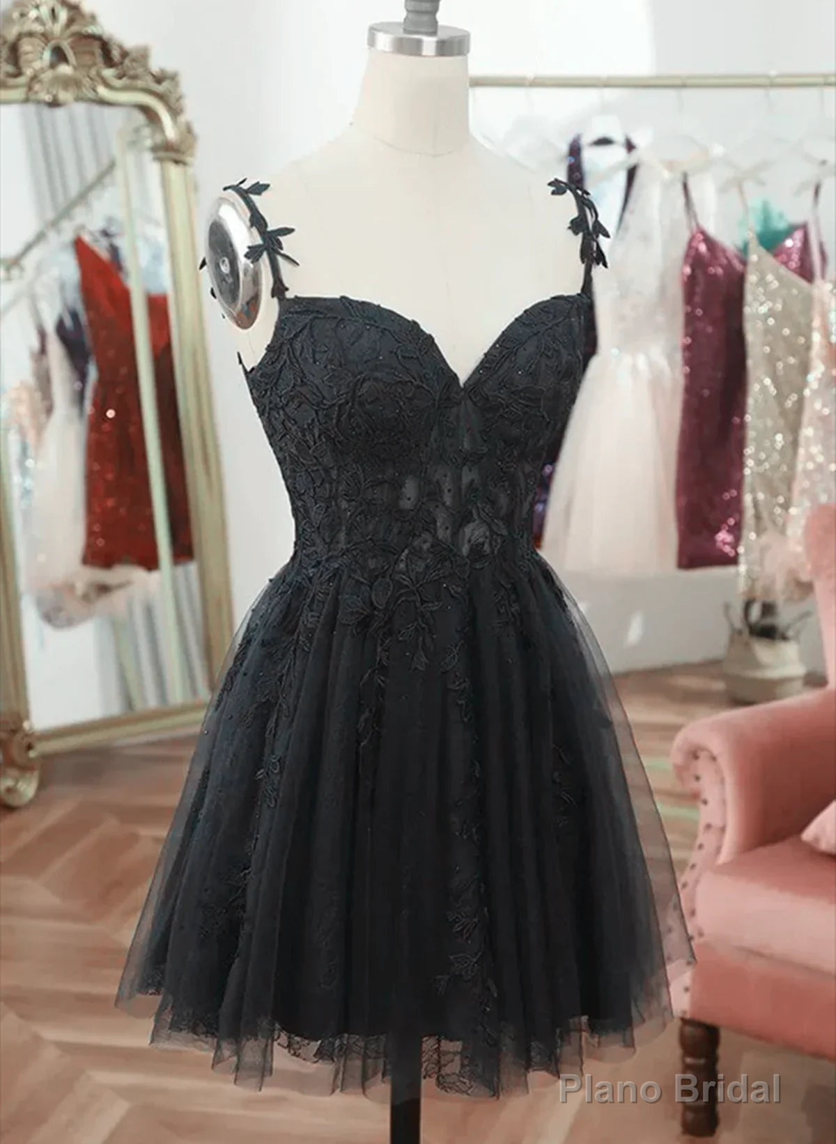 Black V Neck Beaded Tulle and Lace Prom Dress, Cute Black Homecoming Dress Main image
