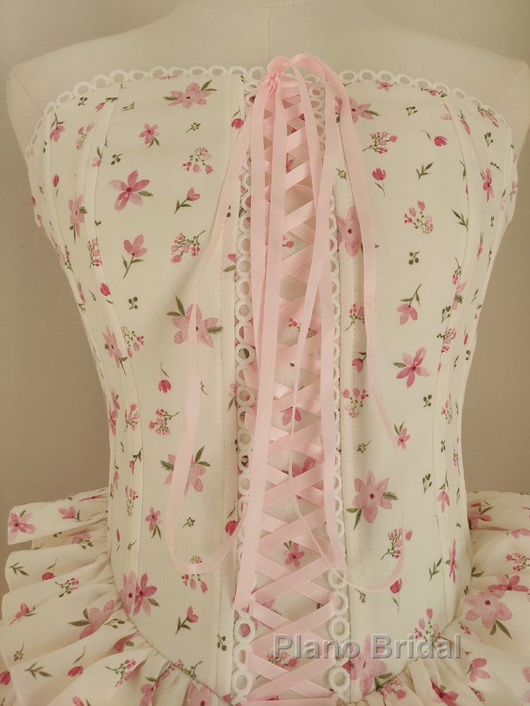 Sexy A Line Strapless Floral Holiday Dresses Travel Vacation Dresses Short Chiffon Birthday Dresses