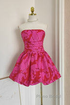 Sexy A Line Strapless Satin Pink Floral Vacation Dresses Short Birthday Dresses