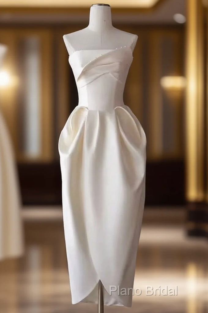 Sexy A Line Strapless Satin White Tea Length Wedding Dresses Brides Dresses