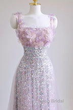 Sexy A Line Straps Lilac Sequin Formal Prom Dresses