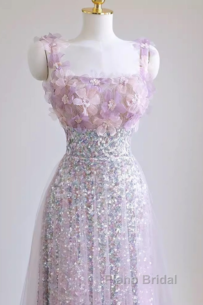 Sexy A Line Straps Lilac Sequin Formal Prom Dresses