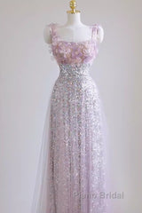 Sexy A Line Straps Lilac Sequin Formal Prom Dresses