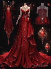 Sexy A Line Sweetheart Chiffon Red Floor Length Evening Dress Prom Dresses With Beads
