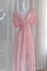 Sexy A Line V Neckline Ruffled Pink Chiffon Beach Dresses WomenS Vacation Dresses