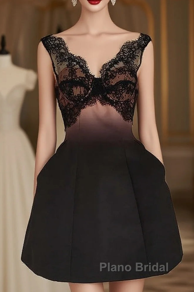 Sexy A Line V Neckline Satin Lace Vacation Dresses Short Birthday Dresses Main image