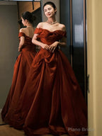 Sexy Ball Gown Off The Shoulder Satin Rust Red Floor Length Evening Dress Prom Dresses