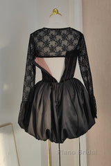 Sexy Ball Gown Spaghetti Straps Black Lace Travel Vacation Dresses Short Satin Birthday Dresses