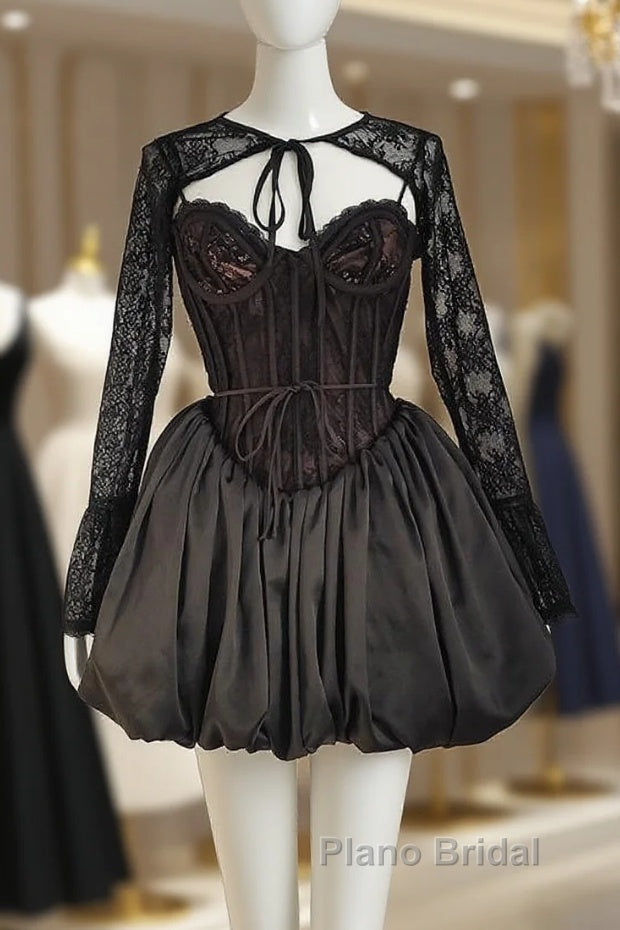 Sexy Ball Gown Spaghetti Straps Black Lace Travel Vacation Dresses Short Satin Birthday Dresses Main image