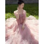 Sexy Ball Gown Spaghetti Straps Pink Tulle Evening Dresses Formal Prom Dresses