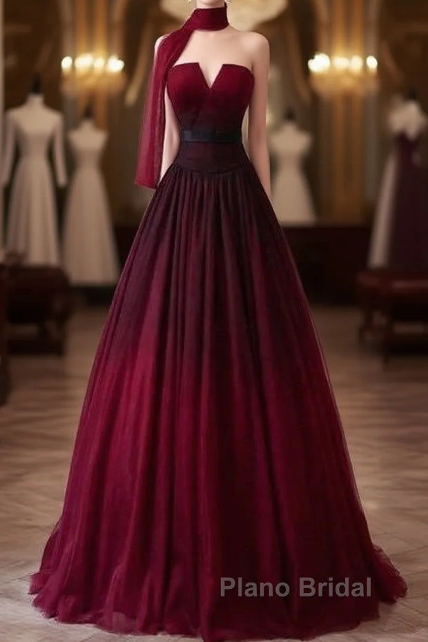 Sexy Ball Gown Strapless Long Burgundy Formal Prom Dresses Evening Dresses