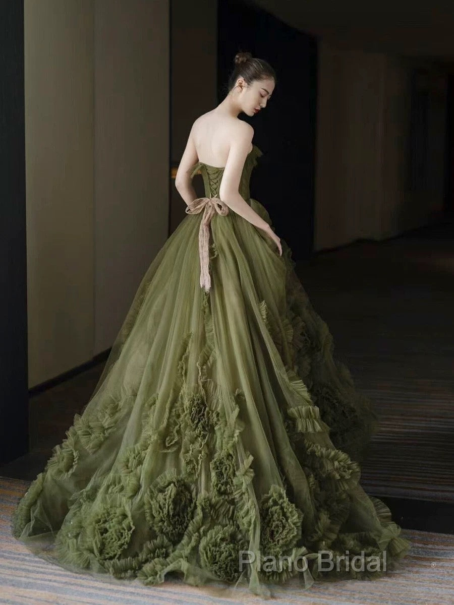 Sexy Ball Gown Strapless Neckline Green Ruffles Formal Dresses Formal Prom Dresses
