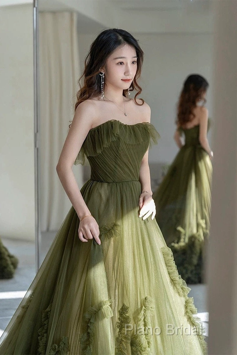 Sexy Ball Gown Strapless Neckline Green Ruffles Formal Dresses Formal Prom Dresses