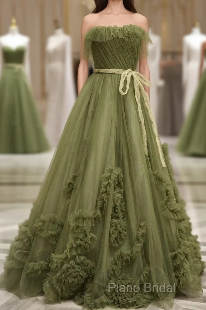 Sexy Ball Gown Strapless Neckline Green Ruffles Formal Dresses Formal Prom Dresses
