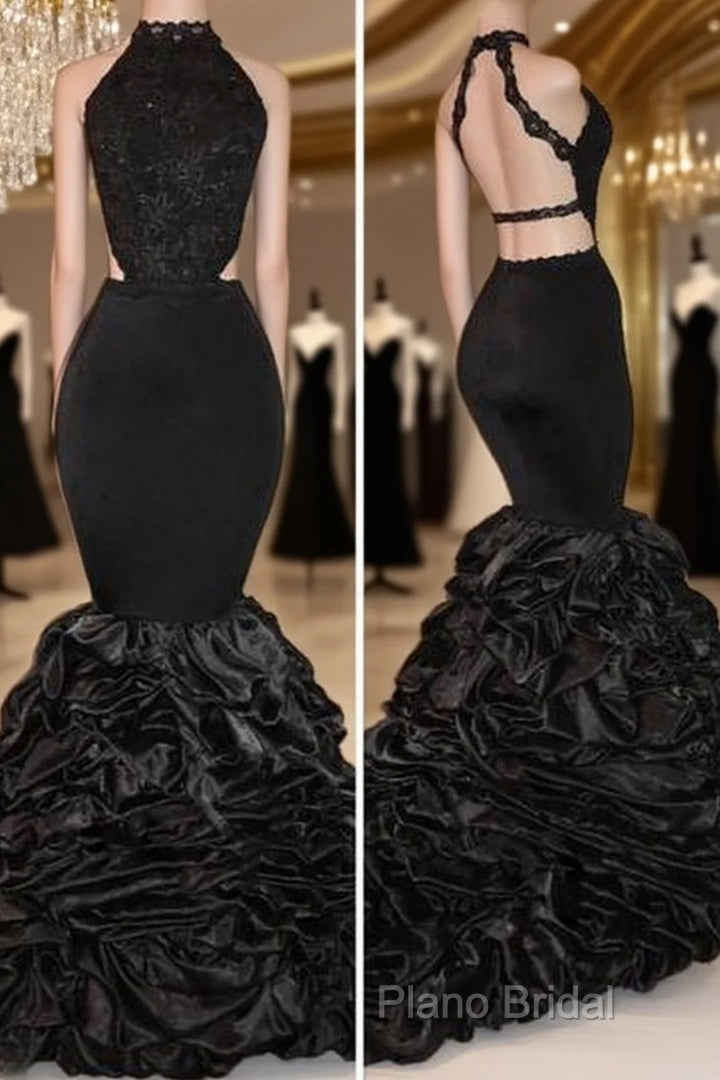 Sexy Black Backless Mermaid Ruffles Tiered African Long Lace Formal Prom Dresses Main image