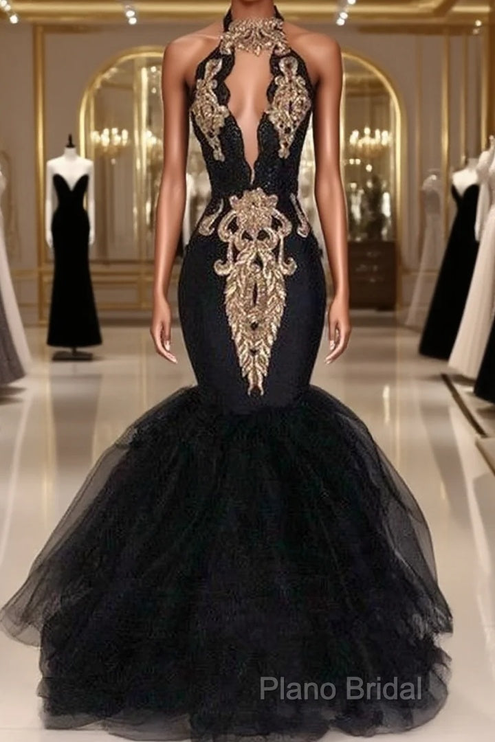 Sexy Black Halter Mermaid Long Formal Prom Dresses Keyhole Lace Gold Shiny Applique Beaded Floor Length Formal Party Gowns Main image