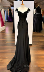 Sexy Black Mermaid Gown V Neck Chiffon Lace Formal Prom Dresses Evening Dresses