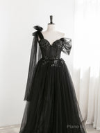 Sexy Black One Shoulder Tulle Sweetheart Sequins Party Dress, Black Evening Gown