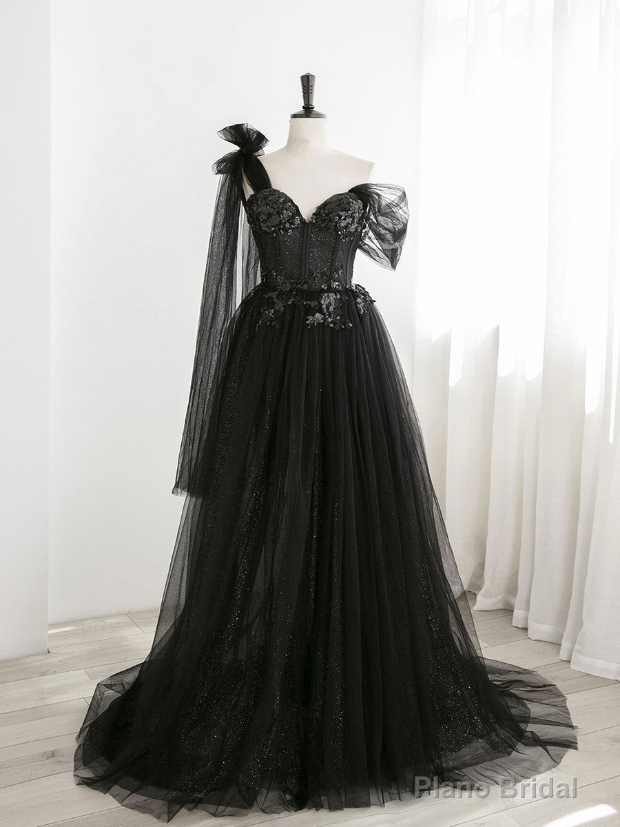 Sexy Black One Shoulder Tulle Sweetheart Sequins Party Dress, Black Evening Gown Main image