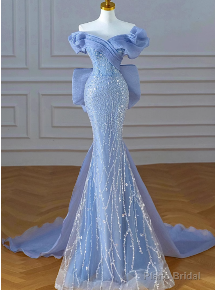 Sexy Blue Mermaid Tulle Sequins Off the Shoulder Prom Dress Main image