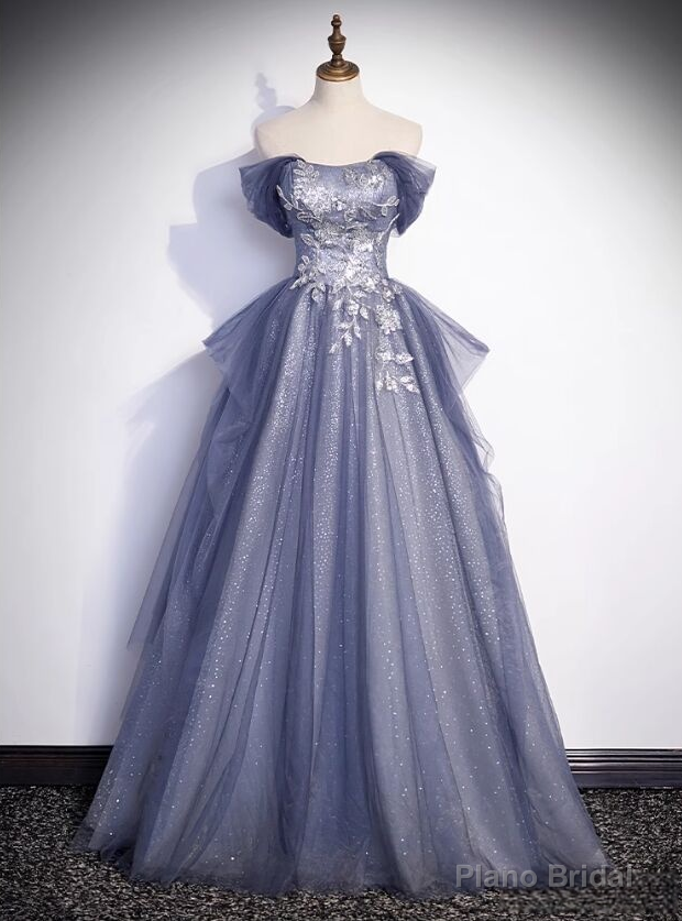 Sexy Blue Tulle Off the Shoulder Sequins Beading Prom Dress Main image