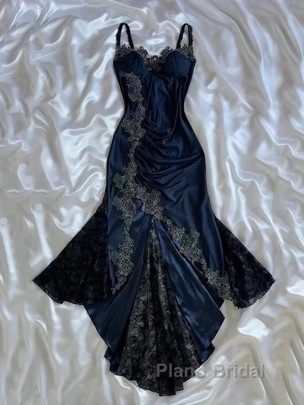 Sexy Bodycon Mermaid Straps Long Navy Blue Lace Formal Prom Dresses Party Dresses