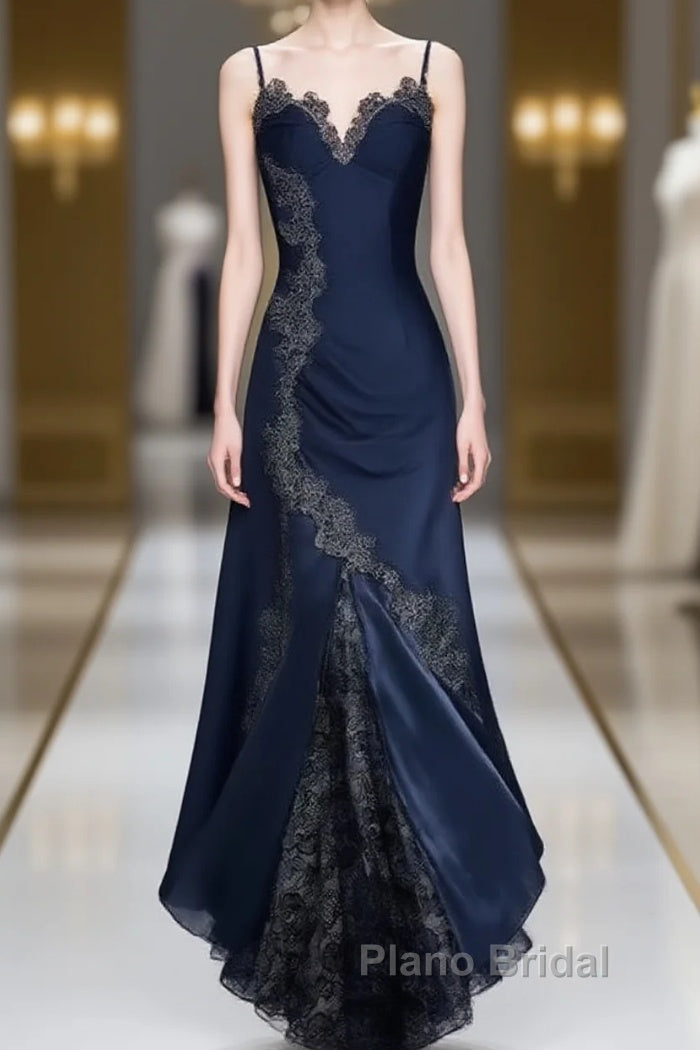 Sexy Bodycon Mermaid Straps Long Navy Blue Lace Formal Prom Dresses Party Dresses Main image