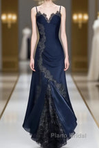 Sexy Bodycon Mermaid Straps Long Navy Blue Lace Formal Prom Dresses Party Dresses