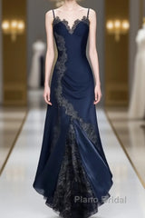 Sexy Bodycon Mermaid Straps Long Navy Blue Lace Formal Prom Dresses Party Dresses