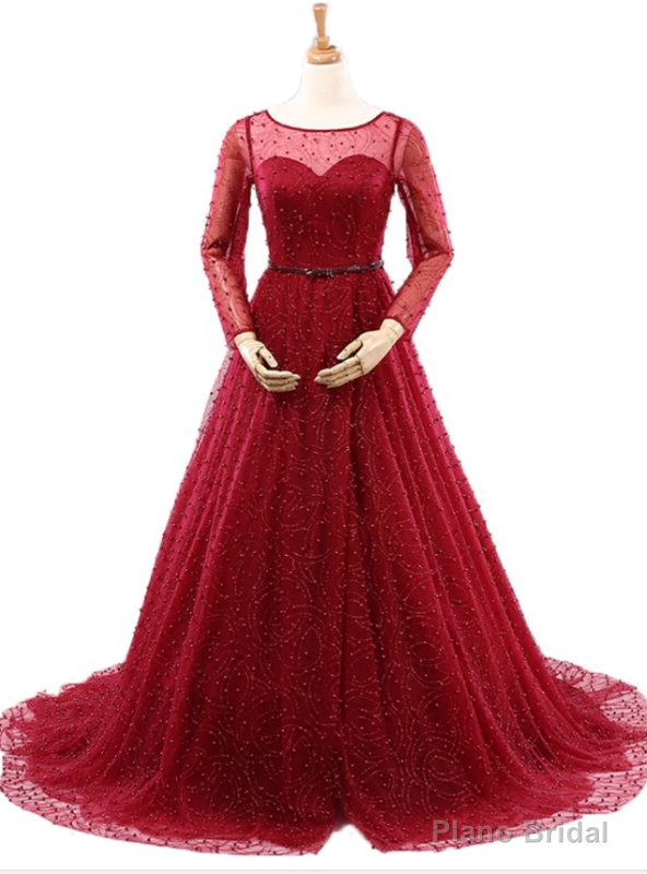 Sexy Burgundy Long Sleeve Tulle Pearls Wedding Dress
