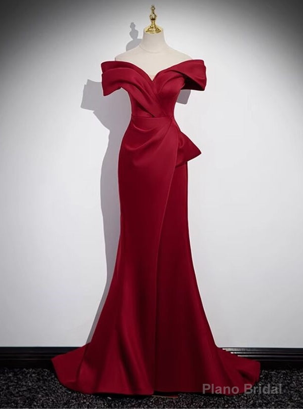 Sexy Burgundy Mermaid Off the Shoulder Pleats Prom Dress Main image