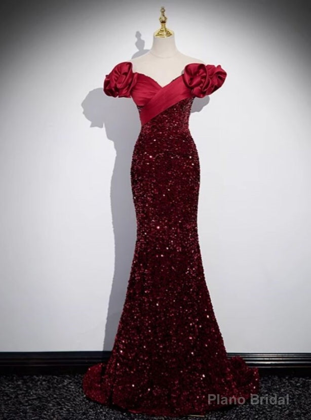 Sexy Burgundy Mermaid Satin Off the Shoulder Pleats Prom Dress Main image