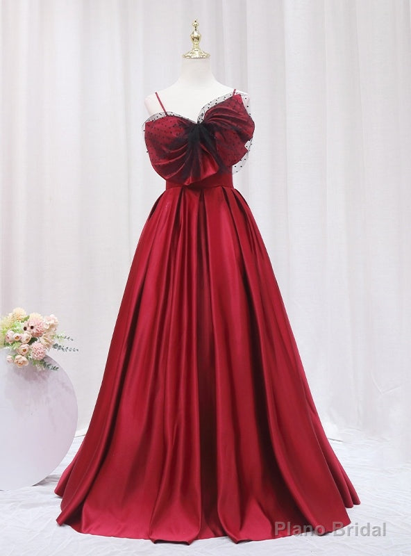 Sexy Burgundy Satin Spaghetti Straps Bow Prom Dress Main image
